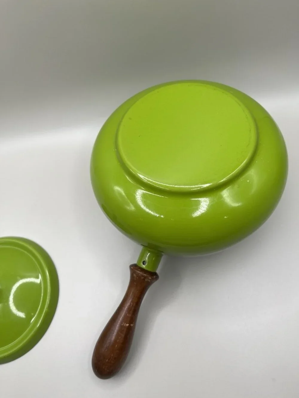 Vintage Enamel Mid Century Avocado Green Wood Handle Sauce Pan MCM Retro 70s
